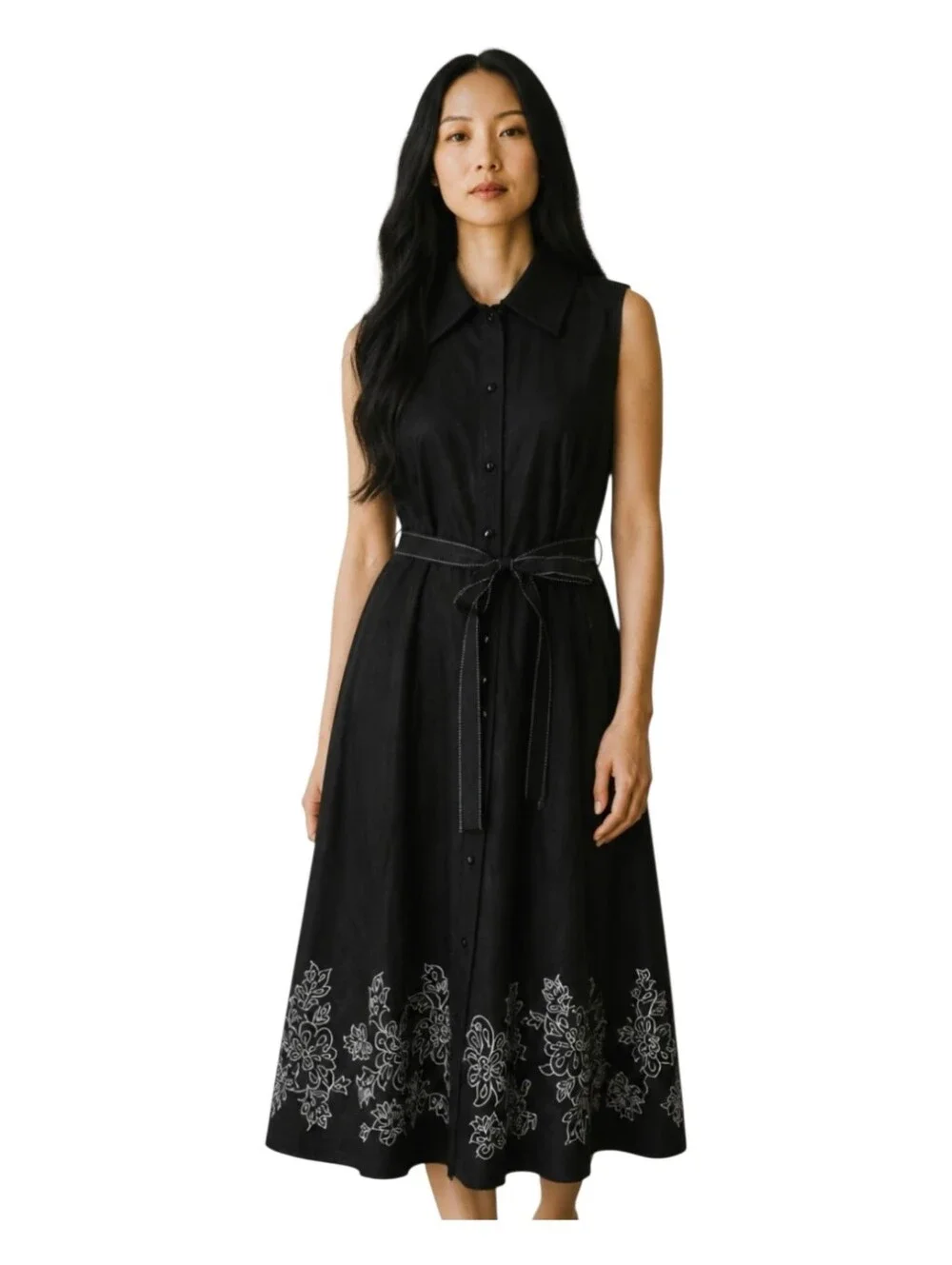 Oscar De La Renta Womens Black Floral Embroidered Linen Midi Shirt Dress 8